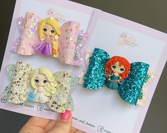 princess hair bows. elsa bow, rapunzel bow, merida bow