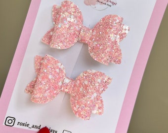 pink glitter hair bows, pink piggy set, pigtail bows