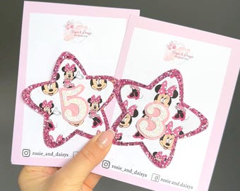 minnie mouse birthday badge, pink glitter birthday badges