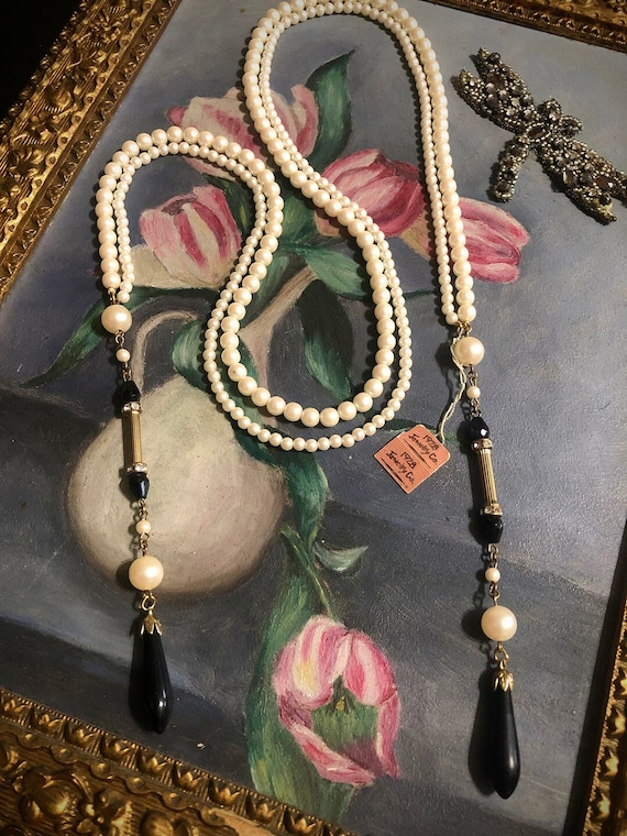 1920s Flapper Style Lariat Necklace (Hand Knotted, Cz… - Gem