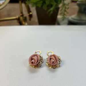 Handmade Hanging Pink Porcelain Rose Filigree Drop Earrings