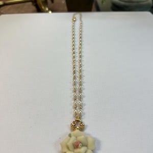 Handmade White Garden Porcelain Rose Faux Pearl Necklace 16&quot;