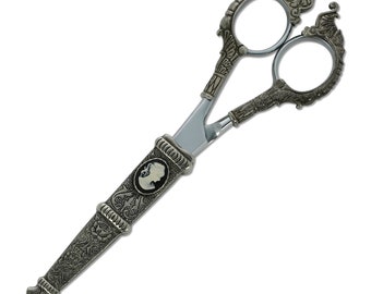 1928 Jewelry Antiqued Pewter Black And Ivory Cameo and Floral Motif Scissors