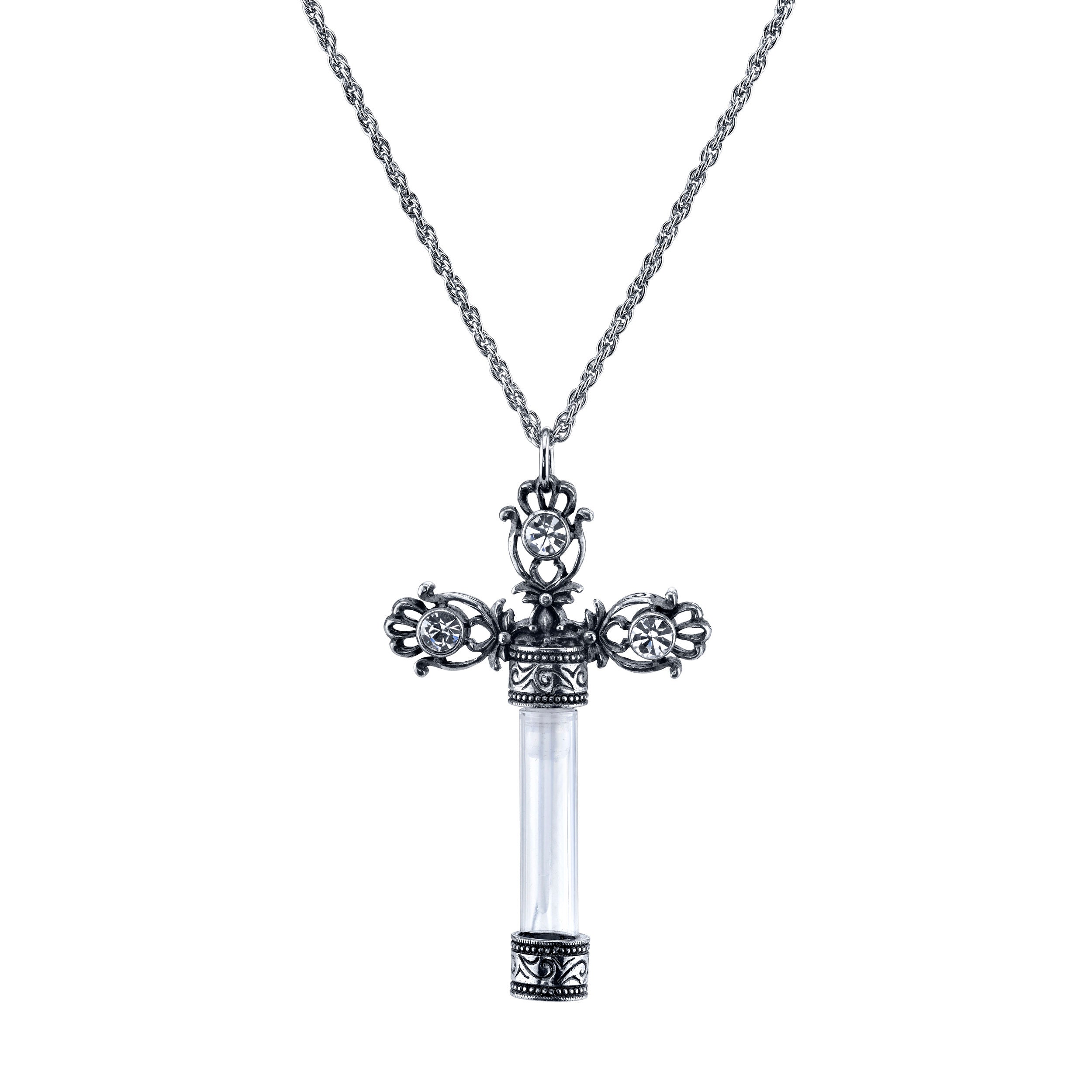 1928 Jewelry Glass Vial Crystal Cross Necklace 30 Inches