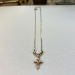 Handmade Pink Porcelain Rose Cross Pendant Necklace 16&quot; + 3&quot; Extension