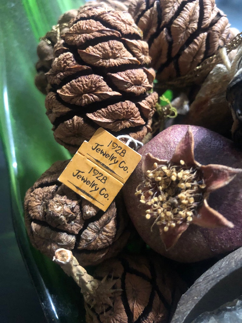May include: Two brown pine cones and a dark purple dried pomegranate with a small brown tag that reads "1928 Jewelry Co."