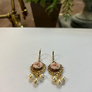Handmade Porcelain Rose Faux Pearl Filigree Drop Earrings