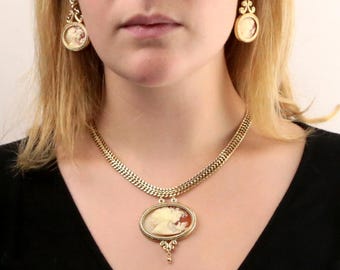 Antiquities Couture Carnelian Red Cameo Twin Muse & Bird Pendant Necklace 17"