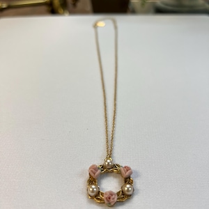 Handmade Pink Porcelain Rose & Faux Pearl Flowers Pendant Necklace 16&quot;
