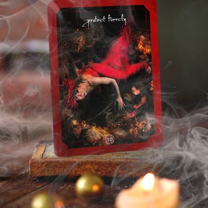 Each card has a keyword. This is a the Goddess Pele Oracle card with key words; Protect Fiercely.