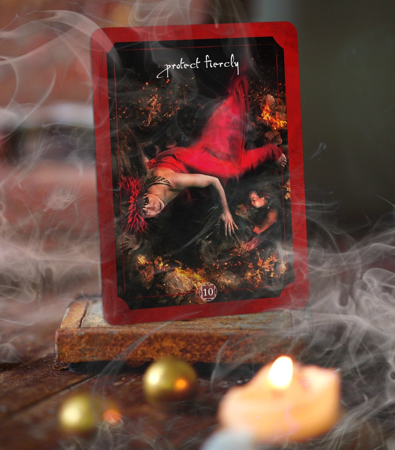 Each card has a keyword. This is a the Goddess Pele Oracle card with key words; Protect Fiercely.
