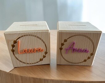 Wooden money box with name / Personalized money box / Gift idea for birth, christening, birthday / Money gift for children and babies / Piggy bank