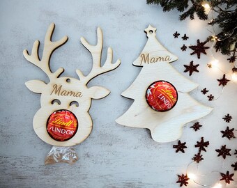 Reindeer Elk Christmas Tree Personalized with Name Wood / Secret Santa Gift / Reindeer Pendant Chocolate / Little Something for Christmas