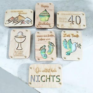 Geldgeschenkkarte aus Holz für Hochzeit, Kommunion, Geburtstag, Reise, Taufe, Geburt / Wunscherfüller / nachhaltige Geschenkverpackung