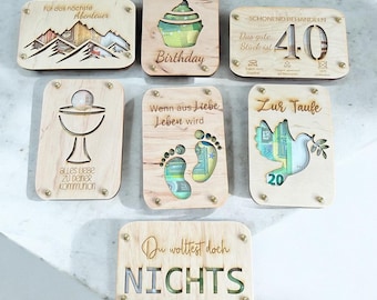 Wooden money gift card for weddings, communions, birthdays, trips, christenings, births / wish fulfillers / sustainable gift packaging