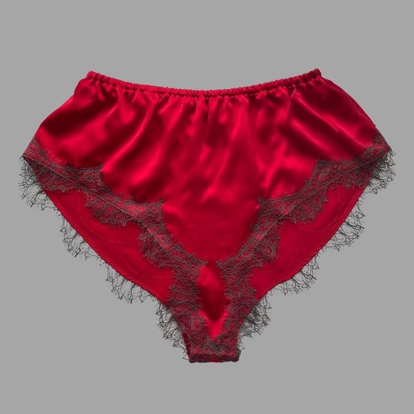 100% Silk High Waisted French Knickers. Red with Grey French Lace. Hand Made in Australia. Vintage Inspired Sleepwear & Lingerie