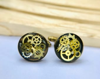 Brass cogs wheels cufflinks, gifts for him, resin, steampunk,engineering, Father’s Day present or wedding