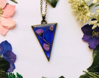 Lilac Gypsophila flowers in a deep purple resin with Bronze necklace,resin,dried flower,self gift,present, gifts for her,