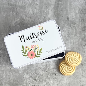Boîte à biscuits Maîtresse au top personnalisée – Cadeau fin d’année scolaire – Boîte métal avec couvercle imprimé prénom et fleurs pastel
