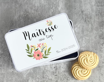 Personalized Teacher at the Top Cookie Tin - End of School Year Gift - Metal Tin with Lid Printed with First Name and Pastel Flowers