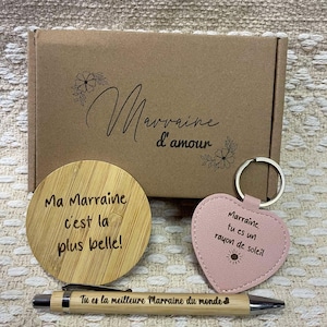 Box Cadeau Marraine Formidable – Miroir, Stylo, Porte-Clé & Boîte Gravée – Idée Annonce ou Remerciement