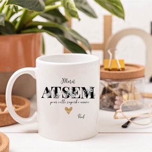 Mug Merci ATSEM personnalisé – Cadeau fin d’année scolaire – Cœur doré & prénom – Design élégant noir  blanc – Tasse souvenir