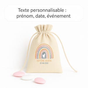 Pochon baptême personnalisé - Arc-en-ciel multicolore - 10x13 cm - Prénom + date - Sachet dragées événement