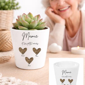 Peut inclure: Pot de fleurs en céramique blanche avec une plante succulente. Le pot porte l'inscription "Mamie et ses petits coeurs" et trois cœurs à imprimé léopard avec des noms. Une petite image du pot est en bas à droite.
