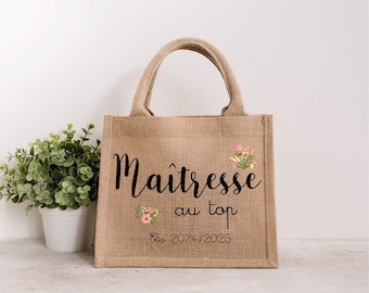 Petit sac jute Maîtresse au top personnalisé – Cadeau fin d’année scolaire – Sac kraft naturel 26x22x14 cm avec prénom – Fleurs pastel