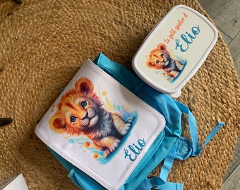 Personalized bottle / personalized snack box / nursery school set / lion