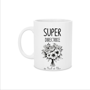 Mug Super Directrice personnalisé – Bouquet noir et blanc – Cadeau fin d’année scolaire – Prénoms enfants – Tasse élégante et sobre