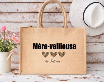 Sac en jute personnalisé mère veilleuse, sac cabas fête des mères, cadeau maman personnalisé prénom enfant, sac maman personnalisé