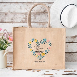 Sac jute Merci Maîtresse personnalisé – Cœur floral coloré – Cadeau fin d’année scolaire – Prénom & année – Cabas grande contenance