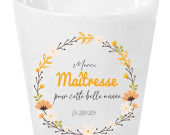 Cache-pot “Merci Maîtresse” personnalisé – Cadeau fin d’année scolaire – Pot déco pour plante ou bureau – Texte & année personnalisables