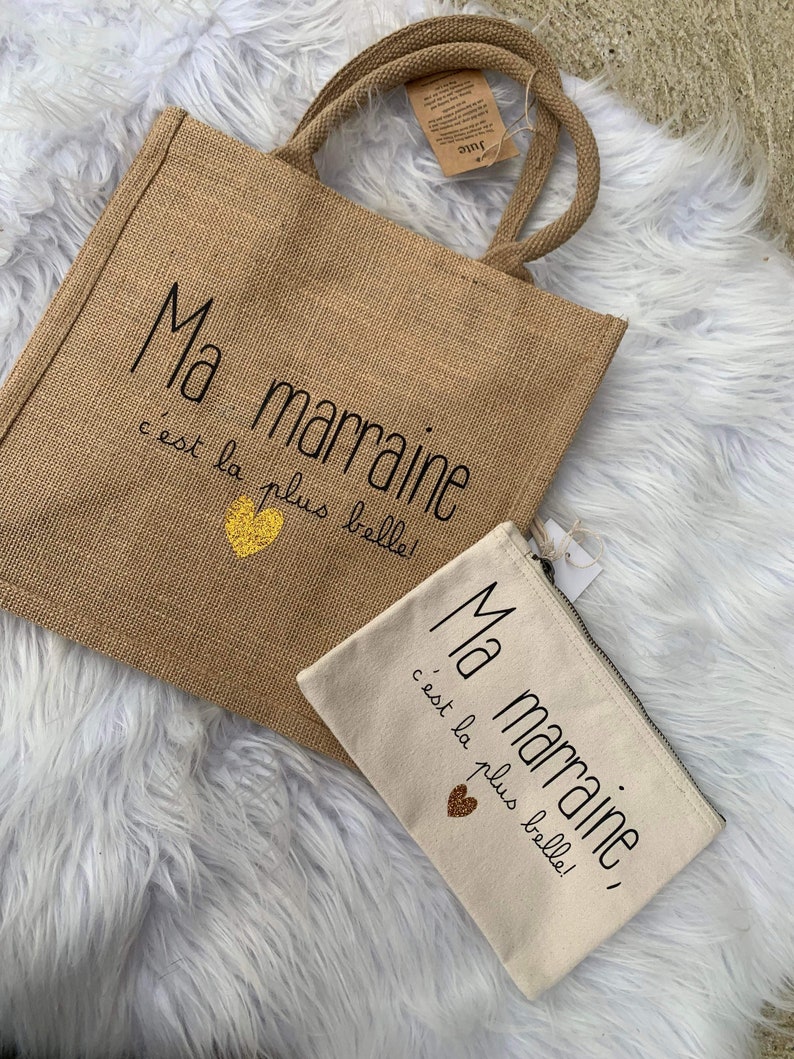 Sac en jute marraine personnalisé / pochette marraine personnalisé / cadeau marraine personnalisé / noël marraine personnalisé image 1