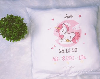 Coussin licorne naissance personnalisé