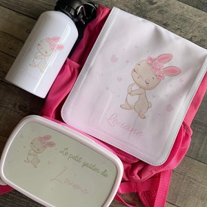 Pack rentrée scolaire gourde sac à dos cartable boîte à goûter personnalisé lapin gobelet enfant lapin rose rentrée scolaire noel