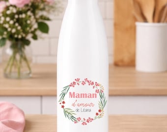 Gourde personnalisée maman d'amour - bouteille isotherme inox 750ml - cadeau fête des mères - prénom maman fleur