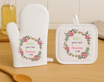 Set gant et manique personnalisés – Merci pour tout Nounou – Cadeau fête des nounous ou Noël – Cadeau fin d’année assistante maternelle