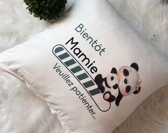 Coussin futur mamie/ coussin annonce bébé/ coussin panda bleu vert / cadeau futur mamie / cadeau annonce grosesse