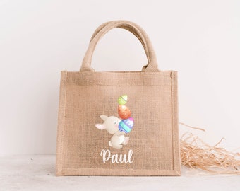 Panier sac en jute chasse au œuf personnalisé / cadeau personnalisé Pâques/ Pâques 2024/ chocolat Pâques personnalisé /