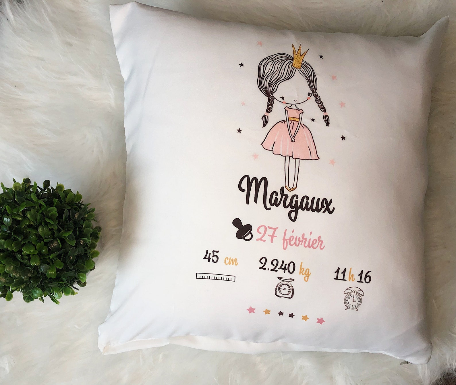 Coussin De Naissance Personnalisé Ferocity - Oreiller Bébé Lapin Avec Nom, Date, Heure, Poids Et Taille Pour Fille Ou Garçon