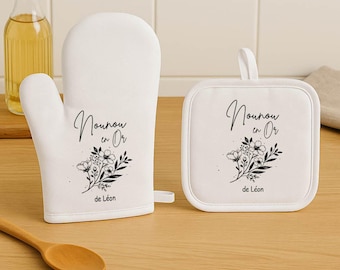 Set gant et manique personnalisés – Nounou en or – Cadeau de Noël ou fête des nounous – Cadeau personnalisé avec prénom – Bébé Panda