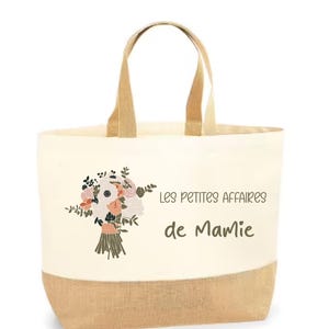 Sac Shopping Coton & Jute Personnalisé – « Les Petites Affaires de Mamie » | Grand Format 34x44x18 cm | Cadeau Fête des Mamies |