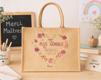 Sac jute maîtresse personnalisé fleurs cœur, cadeau fin d’année scolaire maîtresse, sac cabas prénom, idée cadeau maîtresse