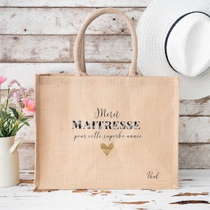 Sac jute Merci Maîtresse personnalisé – “Merci pour cette superbe année” – Cœur doré imprimé – Cadeau fin d’année scolaire avec prénom