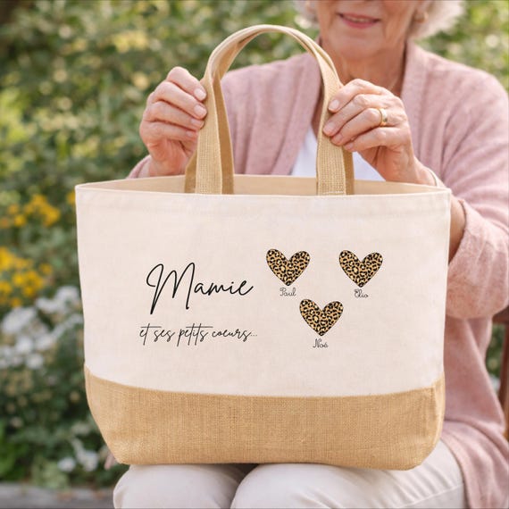 Sac cabas Mamie personnalisé 34x44x18 cm | Cadeau Fête des Mamies | Sac Mamie et ses petits cœurs | Grand sac 29L  | Idée cadeau mamie