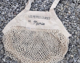 Sac filet personnalisé “Les petites courses de …” – Tote bag filet en coton – Cadeau Mamie, Maman, Marraine
