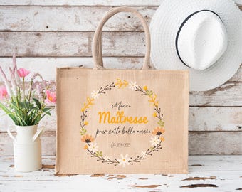 Grand sac jute “Merci Maîtresse” personnalisé – Cadeau fin d’année scolaire – Motif floral – Format 42x33x19 cm – Texte et année modifiables