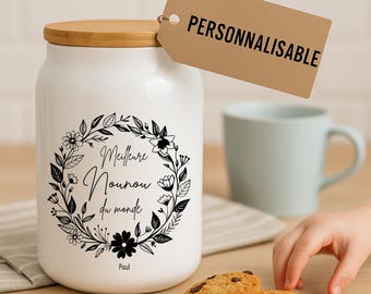 Pot à cookies personnalisable 500 ml “Meilleure Nounou du Monde” – Cadeau nounou – Cadeau fête des nounous ou Noël –Pot à biscuits céramique